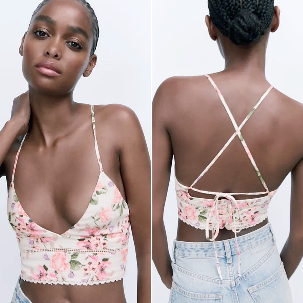 Zara Pink & White Floral Crop Top | Size M